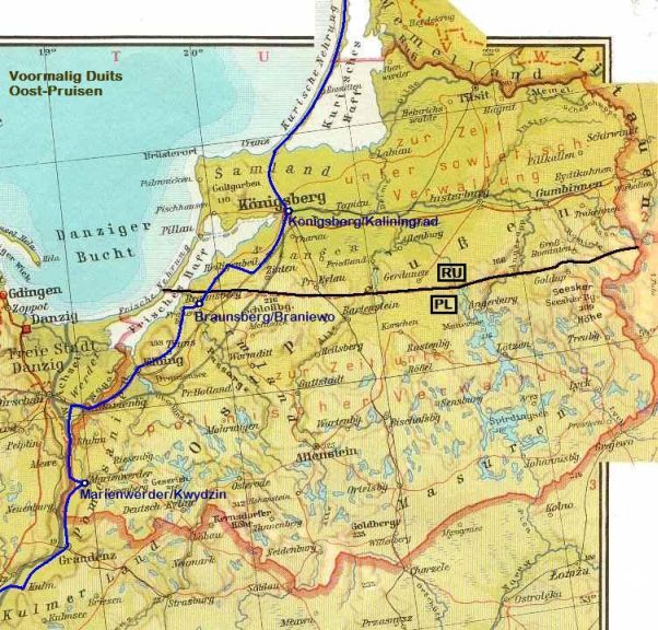 Kaart van Oost-Pruisen met aanduiding van mijn traject en drie etappe-plaatsen.